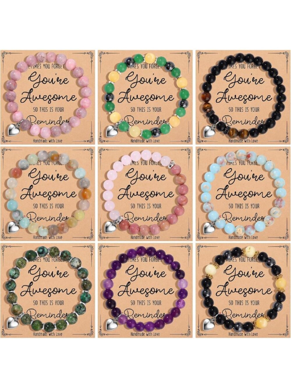 9Pcs Friendship Heart Beaded Bracelets for Women - 8mm Natural Stone Jewelry